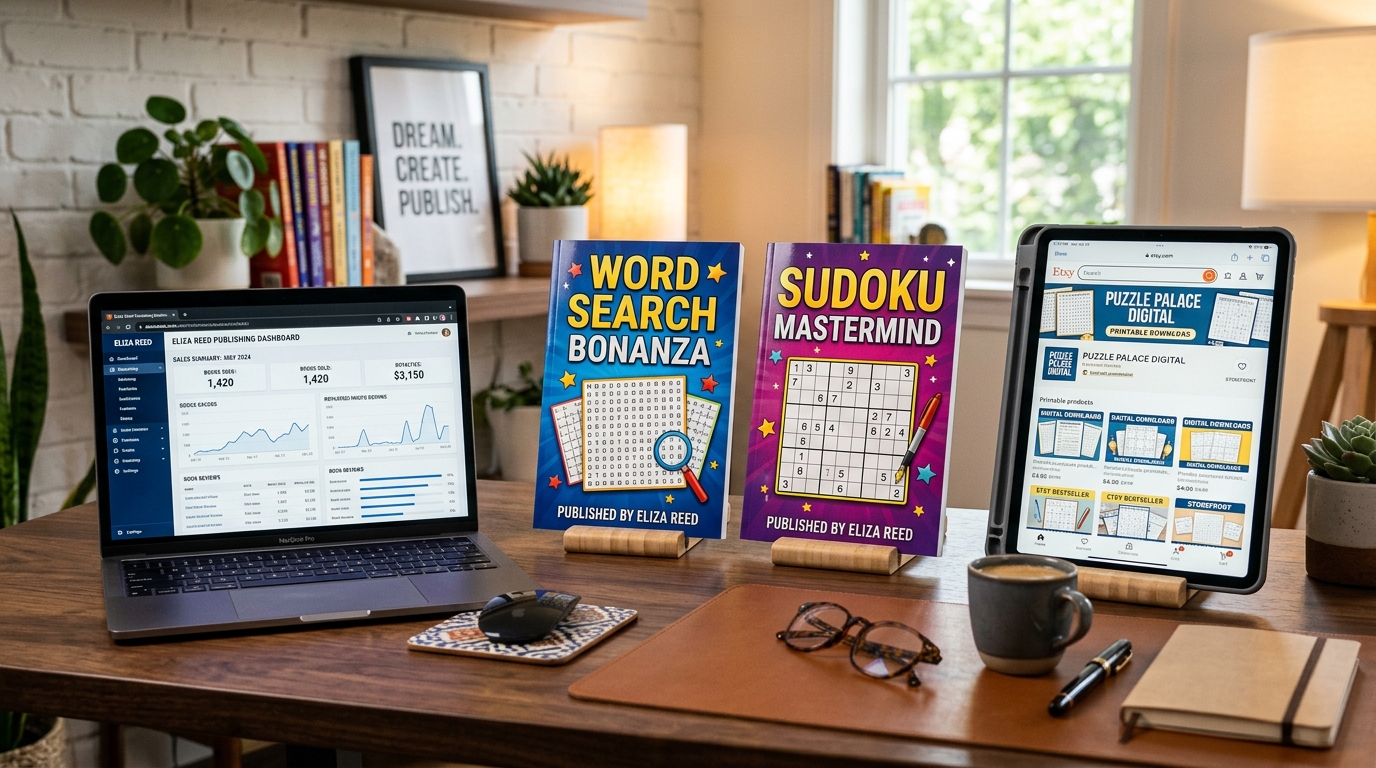 Publishing workspace with laptop showing a publishing dashboard, two printed puzzle book covers, and a tablet showing an Etsy digital shop